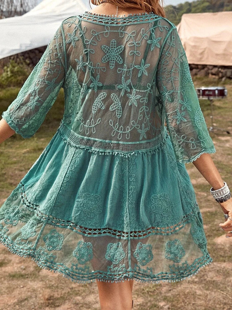 Emma | Damen Bademode-Cover-Up mit Kontrastspitze, V-Ausschnitt, locker sitzend