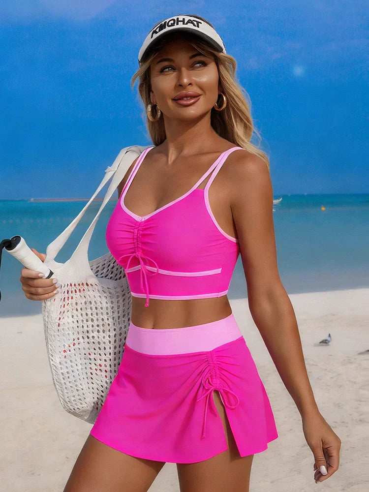 Greta | Zweiteiliger Bikini mit Kontrastkante, Drawstring und Bade-Rock
